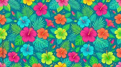 Vibrant Tropical Hibiscus Flower Pattern in Seamless Vector Design with Green Leaves