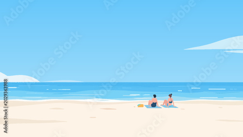 Vector illustration of a couple relaxing on a sandy beach looking at the blue sea