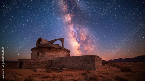 Ancient observatory ruins under glowing milky way sky in remote desert, cinematic astrophotography atmosphere, realistic stone textures, ultra detailed stars and cosmic