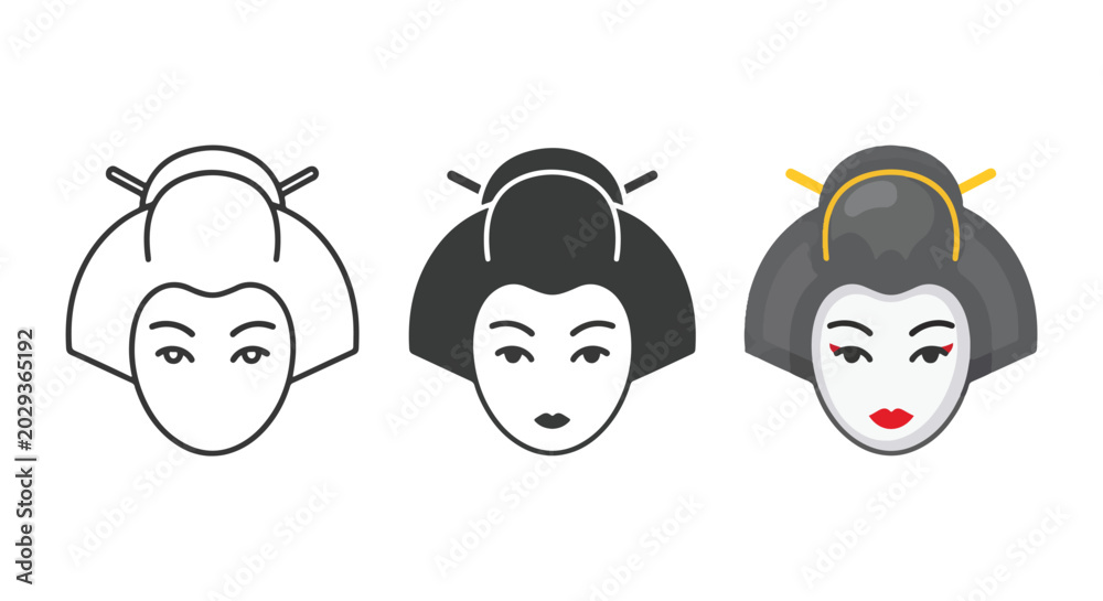 Fototapeta premium Geisha head portrait vector icons - Minimalist, flat icon, outline, glyph, linear, clipart, sticker - icon set