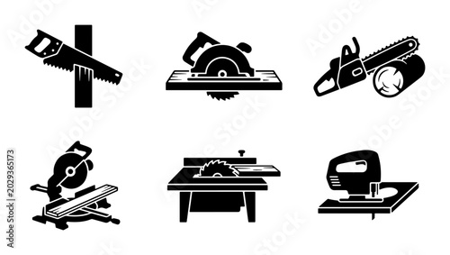 Photos Saw Icons Set: Hand Saw, Circular Saw, Chainsaw, Miter Saw, Table Saw, Jigsaw