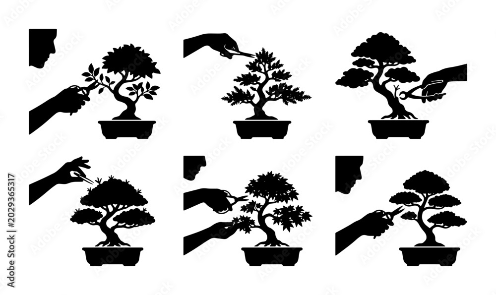 Fototapeta premium Bonsai Tree Care Icons, Miniature Tree Pruning & Shaping Set, Zen Garden Art
