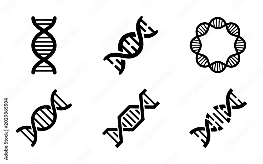 Obraz premium DNA Helix Icons Set, Genetic Code Symbols, Molecular Structure Illustrations, Science & Biology Vector Graphics