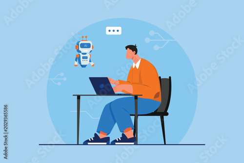 Schilderij op canvas Man working on laptop with AI helper robot, AI Productivity Workspace future