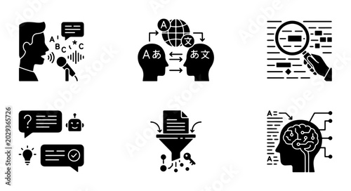 Slika na platnu Language Translation Icons: AI, Speech, Global Communication, Data Analysis, Cha