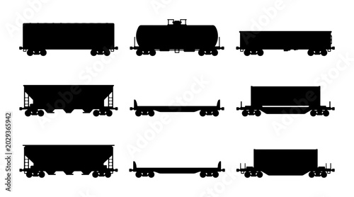 Foto Freight Train Cars Collection, Cargo Transport Silhouettes, Industrial Logistics