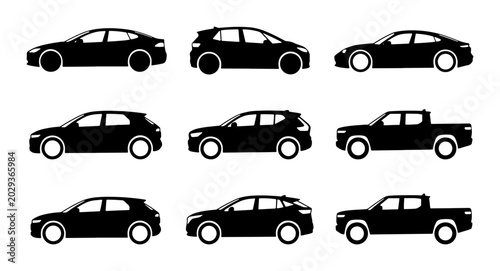 Foto Modern Car Silhouettes Collection, Diverse Vehicle Icons, Automotive Vector Set