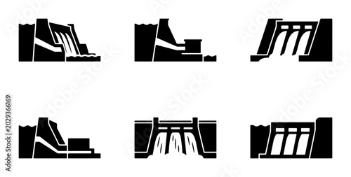 Tableau sur toile Dam Icons Set, Water Power Generation, Hydroelectric Energy Symbols, Renewable R