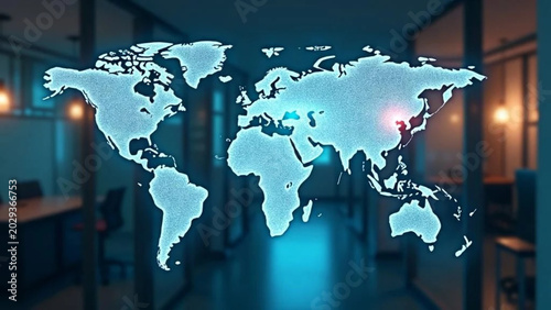Blue hologram of global business graphs. 