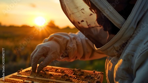 Hyper-realistic beekeeper inspecting glowing honeycomb frames during golden sunset, cinematic rural atmosphere, realistic bee wing details, ultra detailed protective clothing textures