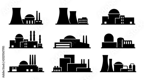 Fotografía Industrial Power Plant Icons Set, Nuclear Energy Facility Silhouettes, Factory B