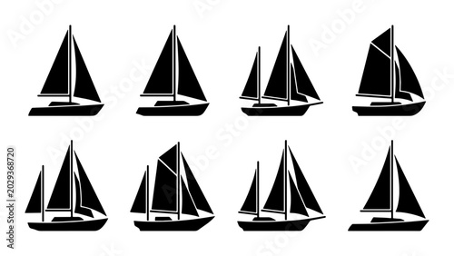 Valokuva Set of 8 Black Sailboat Icons, Nautical Vector Graphics, Marine Transport Silhou