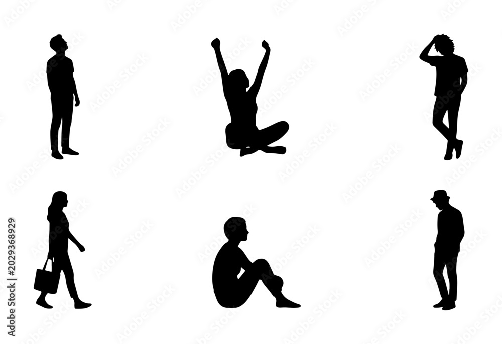 Obraz premium Diverse Human Silhouettes Collection, Casual Poses, Vector Icons for Lifestyle and Business