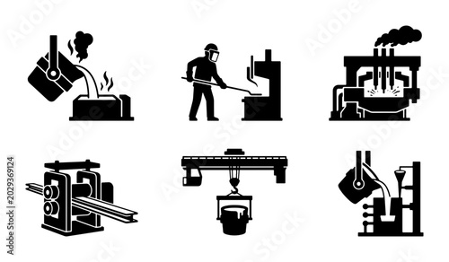 Foto Industrial Foundry Icons, Metal Casting Set, Manufacturing Process Vector Graphi