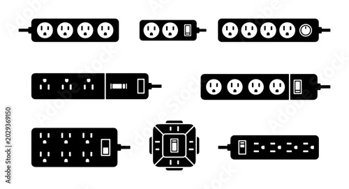Photos Power Strip Icons, Electrical Outlet Set, Surge Protector Vector Graphics, Black