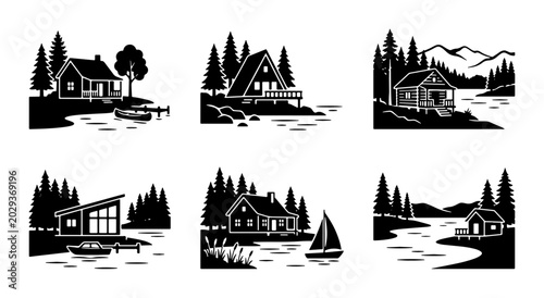 Rustic Cabin Scenes, Lakeside Houses, Forest Cottages, Mountain Vistas, Vector Icons Set