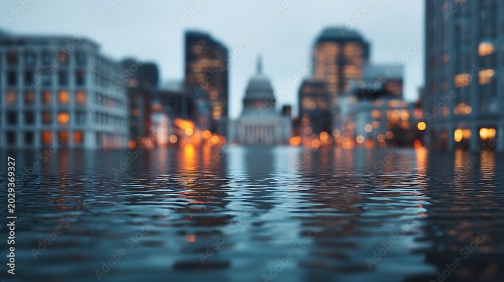 Fototapeta premium A flooded urban street with blurred city buildings and warm lights reflecting off standing water at dusk.