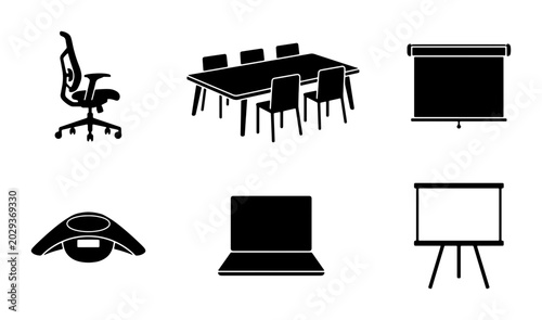 Foto Office Meeting Icons: Conference Table, Chair, Laptop, Projector Screen, Whitebo