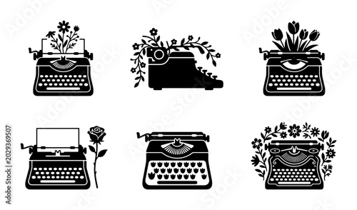 Vintage Typewriter Icons, Retro Writing Machine Graphics, Floral Decorative Elements, Black Silhouette Vector Set