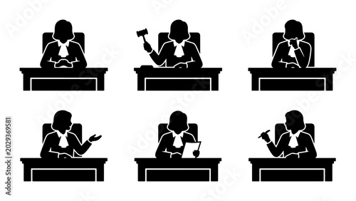Tableau sur toile Judge Icons Set, Legal Gavel and Justice Symbols, Courtroom Authority Figures