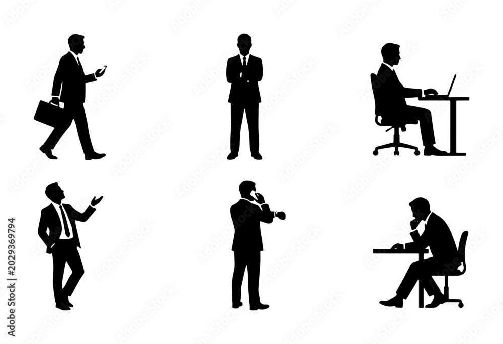 Obraz premium Business People Silhouettes, Professional Men Poses, Office Worker Icons, Corporate Figures Set