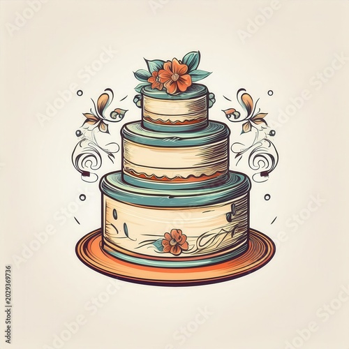 Vintage cake logo design featuring a simple hand-drawn three-tiered cake with floral decorations