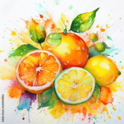 Colorful watercolor illustration featuring lemons, oranges, and other fruits on a bright background