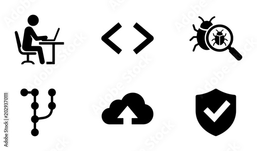 Schilderij op canvas Software Development Icons: Coding, Debugging, Version Control, Cloud Upload, Se