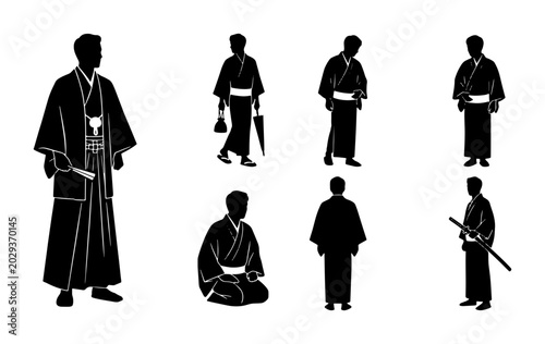 Japanese Kimono Silhouettes: Traditional Male Attire, Cultural Poses, Vector Set