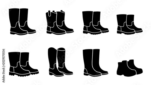 Bild auf Leinwand Collection of Black Rubber Boots, Various Styles, Waterproof Footwear Icons, Out