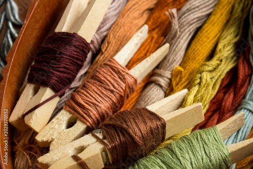 Quadro su tela Close up of brown embroidery threads arranged in a craft box