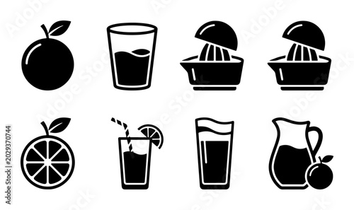 Fresh Citrus Juice Icons: Orange, Glass, Juicer, Pitcher, Drink Set