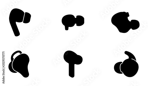 Wireless Earbuds Icons, Bluetooth Headset Silhouettes, Modern Audio Devices Vector Set