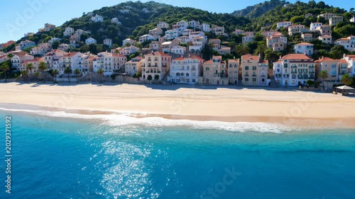 Beautiful mediterranean coastal village with houses on a hillside above a sandy beach and blue ocean water in summer 4K video