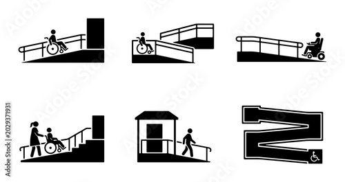 Wheelchair Ramp Icons, Accessibility Symbols, Universal Design Elements, Disability Access Vector Set