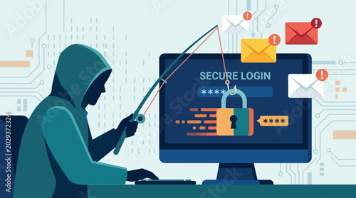 Hooded hacker phishing for login credentials on a computer screen. EPS Editable. Vector Illustrations.