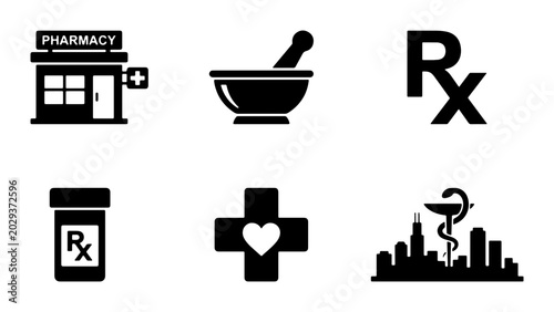 Pharmacy Icons Set: Building, Mortar Pestle, RX Symbol, Pill Bottle, Health Cross, Caduceus Cityscape