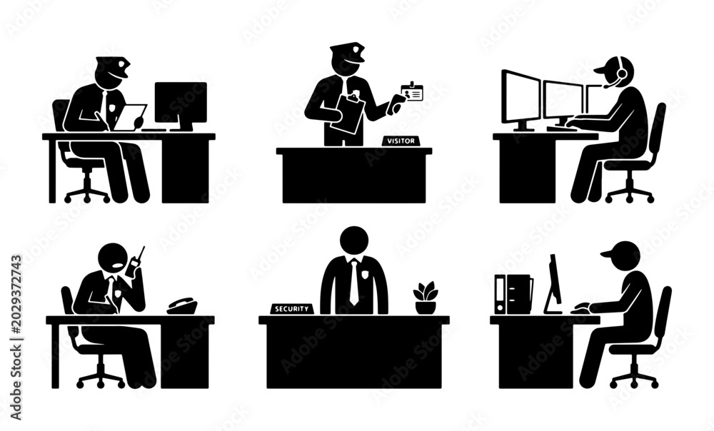 Fototapeta premium Security Guard Icons Set, Office Security Personnel, Professional Vigilance, Workplace Safety Vector Graphics