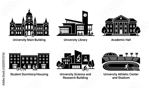University Buildings Vector Icons: Campus Architecture, Academic Hall, Library, Stadium, Housing