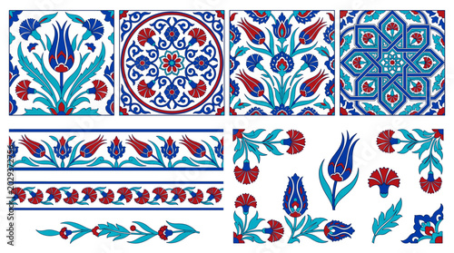 Turkish Iznik floral tile vector set with tulips, carnations, leaves, square tiles and decorative border elements for wallpaper and packaging