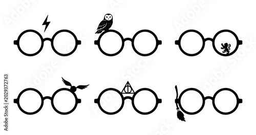 Foto Round Glasses Icons, Magical Symbols, Wizardry Elements, Fantasy Vector Set