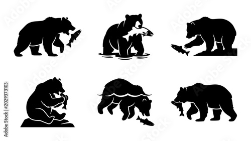 Foto Bear Fishing Silhouettes, Wildlife Vector Icons, Grizzly Hunting Salmon, Nature