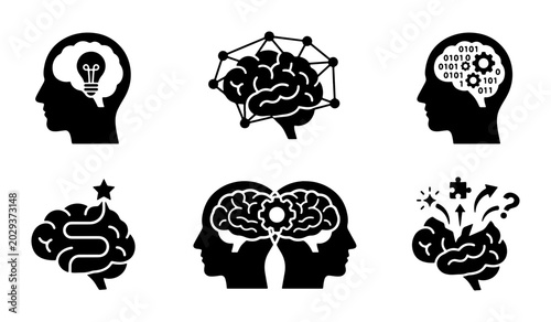 Brain Icons Set: Innovation, AI, Logic, Learning, Collaboration, Ideas