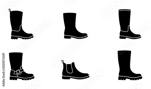 Six Black Boot Icons, Footwear Collection Vector Set, Fashionable Shoe Graphics