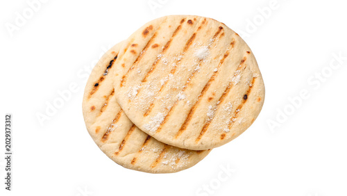 Foto Two traditional round classic pita flatbread naan with grill marks healthy snack