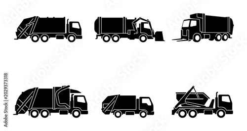 Bild auf Leinwand Collection of Garbage Truck Icons, Waste Management Vehicles, Sanitation Service