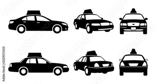 Bild auf Leinwand Black Taxi Icons, City Car Vector Set, Transportation Service Graphics, Urban Mo