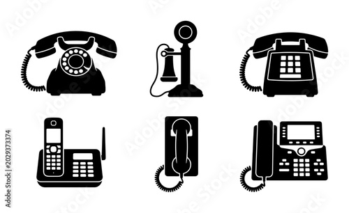 Obraz na płótnie Vintage to Modern Telephones, Retro Rotary Dial, Cordless, Landline Icons, Commu