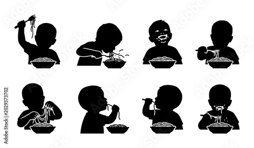 Baby Eating Spaghetti Icons, Messy Toddler Mealtime Silhouettes, Child Feeding Set