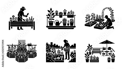 Urban Gardening Icons Set, City Farming Vector Graphics, Sustainable Lifestyle Illustrations, Organic Food Cultivation